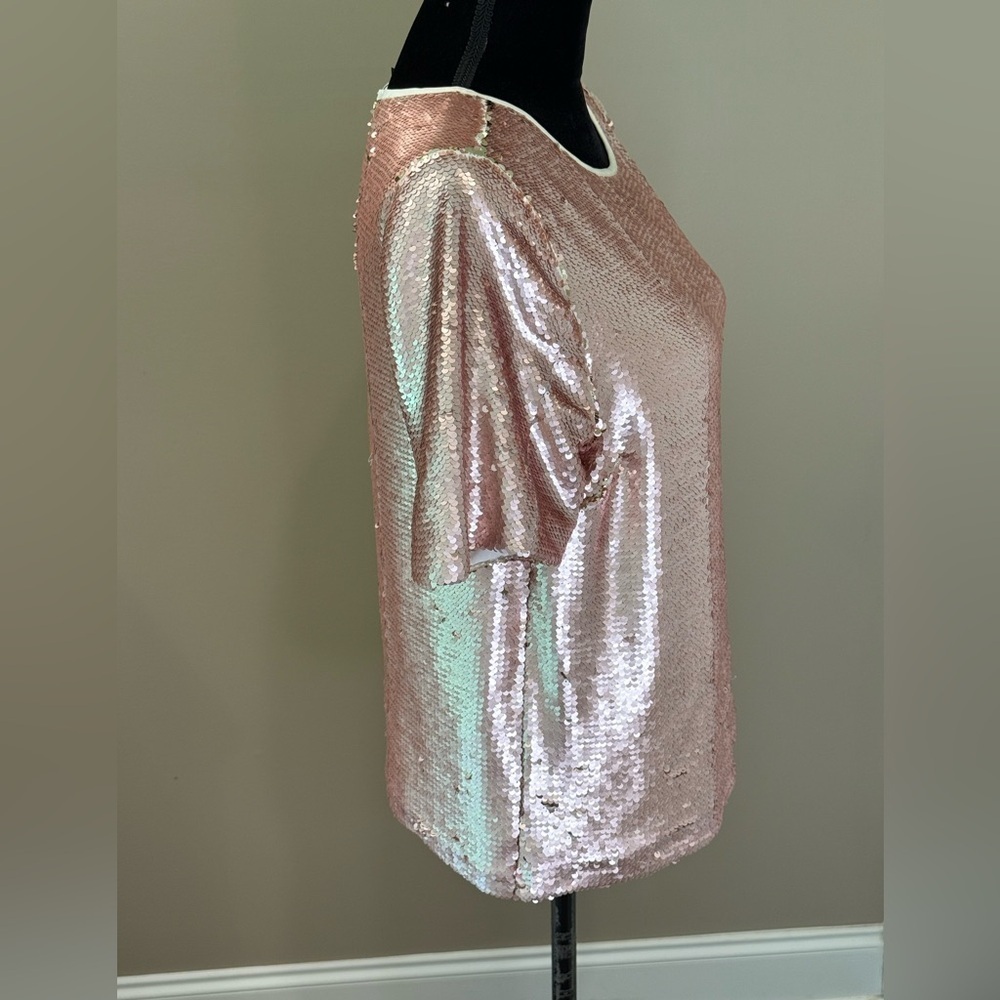 NWT Women’s TOPSHOP Rose gold reversible sequin short sleeve top- Size 6 - Picture 3 of 11